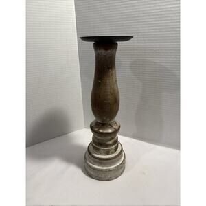 Pillar Candle Stick Holder Rustic Wood & Metal Whitewashed Country Shabby Chic